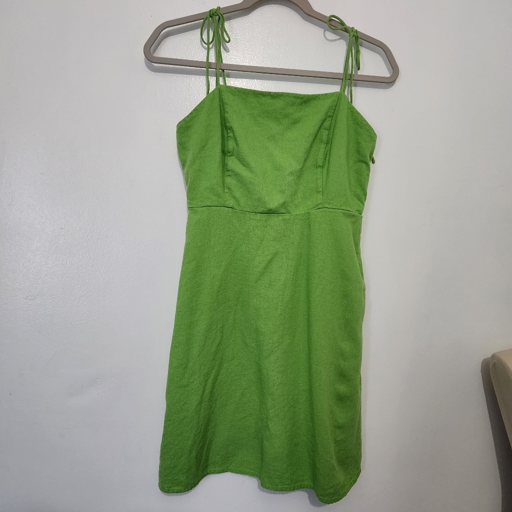 Old Navy Medium Greengage Linen Blend Cami Dress Tie Strap Smocked Back Pockets